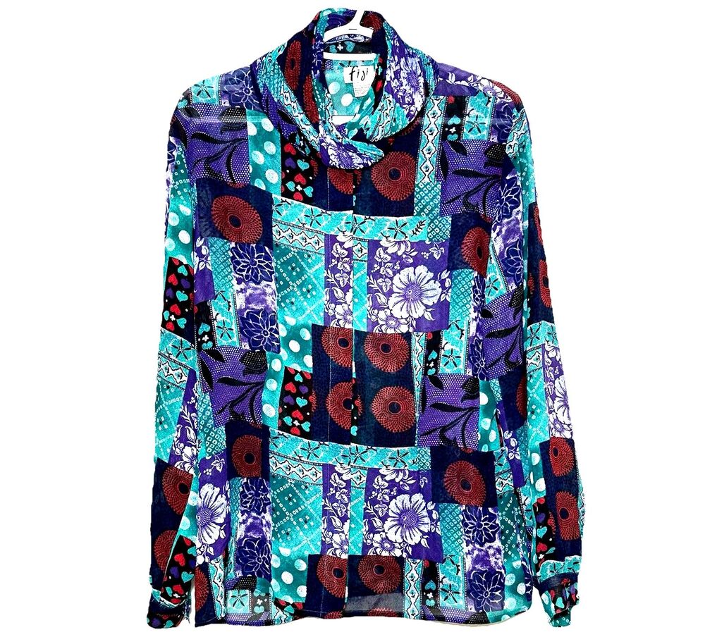 Vintage 90s Patchwork Blouse Cowl Neck Abstract Floral Top M Fiji Size 10